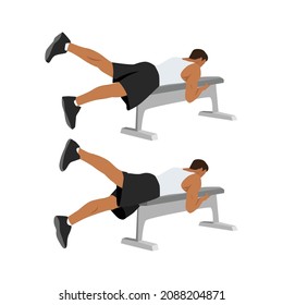 Man doing Bench flutter kicks exercise. Flat vector illustration isolated on white background