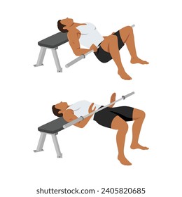 Man doing bench glute bridge with bar exercise. Flat vector illustration isolated on white background