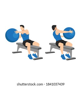 Man Doing Bench Swiss. Fitness Workout, Practicing Abs Exercise With Med Ball At Gym. Russian Twist With Medicine Ball. Flat Vector Illustration Isolated On White Background