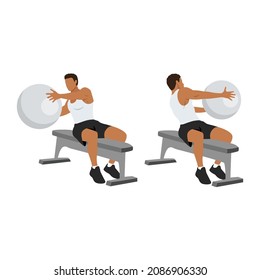 Man doing Bench Swiss. fitness workout, practicing abs exercise with med ball at gym. Male athlete exercising, doing russian twist with medicine ball.