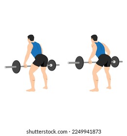 Man doing bent over barbell rows exercise with barbell in a minimalistic style. Flat vector illustration isolated on white background