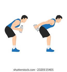 Man doing Bent over double arm tricep kickbacks with water bottle exercise. Flat vector illustration isolated on white background