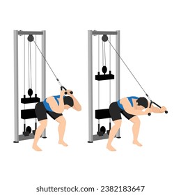 Hombre haciendo ejercicio sobre extensiones de triceps de cuerda. Ilustración vectorial plana aislada en fondo blanco