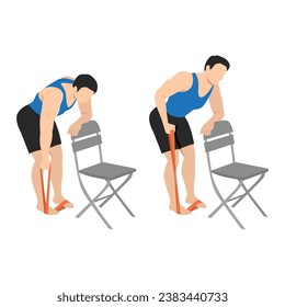 Man doing bent over single arm banded row exercise. Flat vector illustration isolated on white background