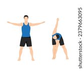 Man doing bent over twists or cross body toe touches exercise. Flat vector illustration isolated on white background