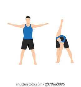 Man doing bent over twists or cross body toe touches exercise. Flat vector illustration isolated on white background