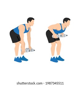 Man doing bent over two armed water bottle rows exercise flat vector illustration isolated on white background