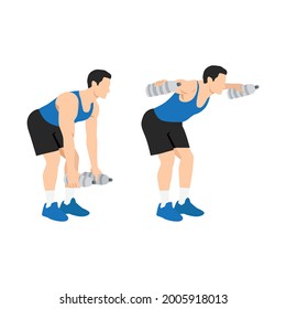 Man doing Bent over water bottle flyes exercise. Lateral bottle raise. Flat vector illustration isolated on white background