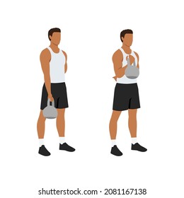Man doing Bicep curl with kettlebell exercise. Flat vector illustration isolated on white background