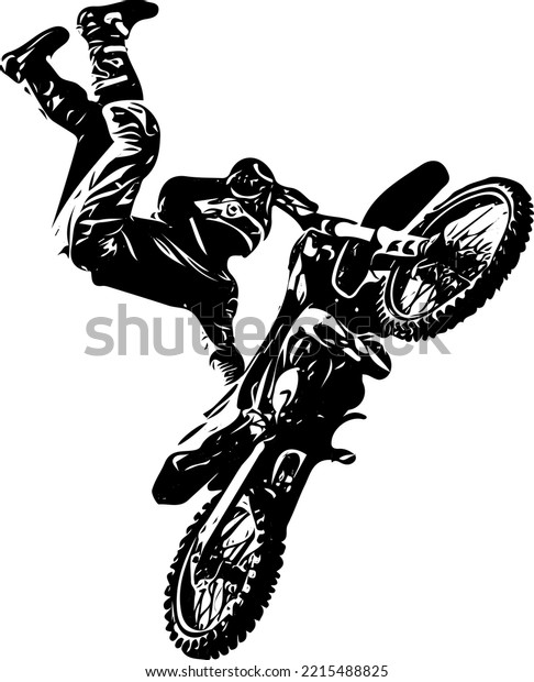 Man doing bike stunt\
silhouette, sketch drawing of a young man\'s dog stunt on a\
motorcycle, motorcyclist performing a stunt on a motorcycle, vector\
illustration