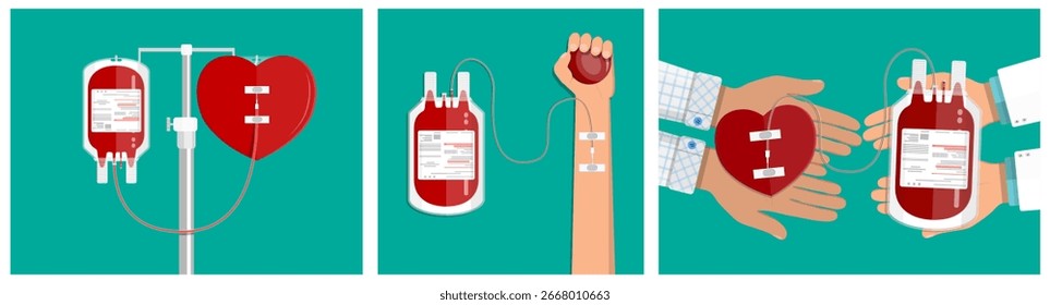 Homem doando sangue. Mãos segurando coração e saco de sangue. Procedimento médico e conceito de assistência médica para o Dia Mundial do Doador de Sangue.