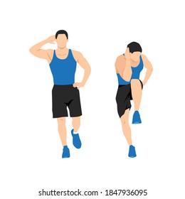 Man doing body crunches. Standing cross exercise. flat vector illustration of a man in abs exercise.Tutorial