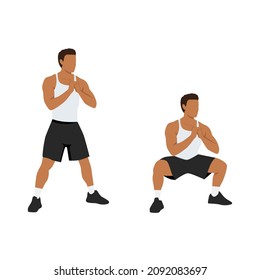 Man doing Bodyweight sumo wide stance squats exercise. Flat vector illustration isolated on white background