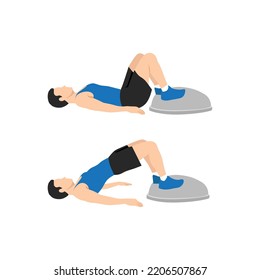 Man doing Bosu ball bridges hip raises. Glute bridges exercise. Flat vector illustration isolated on white background