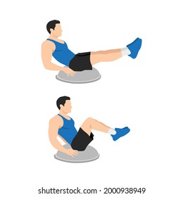 Man doing Bosu ball leg pull in. Knee tucks exercise. Flat vector illustration isolated on white background