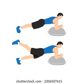 Man Doing Bosu Ball Plank Leg Lift Exercise. Flat Vector Illustration Isolated On White Background