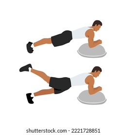 Man doing Bosu ball plank leg lift exercise. Flat vector illustration isolated on white background