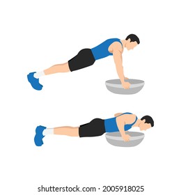 Man doing Bosu ball push ups exercise. Flat vector illustration isolated on white background