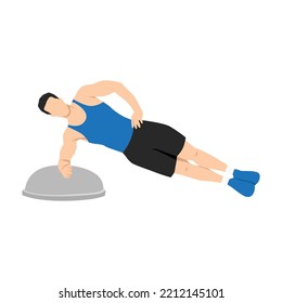 Man doing Bosu ball side plank exercise. Flat vector illustration isolated on white background