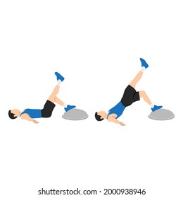 Man doing Bosu ball single leg bridge. hip thrusts. extensions. raises exercise. Flat vector illustration isolated on white background