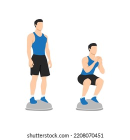 Man Doing Bosu Ball Squat Exercise. Flat Vector Illustration Isolated On White Background