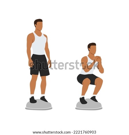 Man doing bosu ball squat exercise. Flat vector illustration isolated on white background
