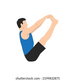 Man doing Both Big Toe Pose, Double Toe Hold, Balancing Stick Pose, Dronasana. Practice Ubhaya Padangusthasana. Flat vector illustration isolated on white background