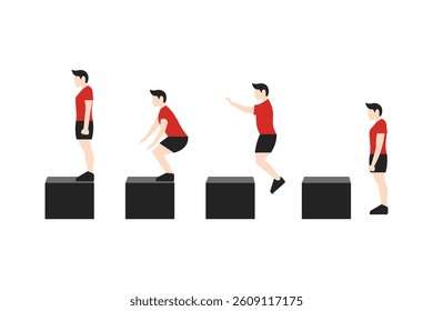 Man Doing Box Jump Exercise – Flat Vector of Plyometric Training Movement
