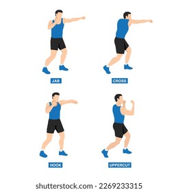 Man doing boxing moves exercise. Jab Cross Hook and Uppercut movement. Shadow boxing. Flat vector illustration isolated on white background