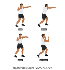 Man doing boxing moves exercise. Jab Cross Hook and Uppercut movement. Shadow boxing. Flat vector illustration isolated on white background