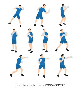 Man doing boxing moves exercise. Jab Cross Hook and Uppercut movement. Shadow boxing. Flat vector illustration isolated on white background