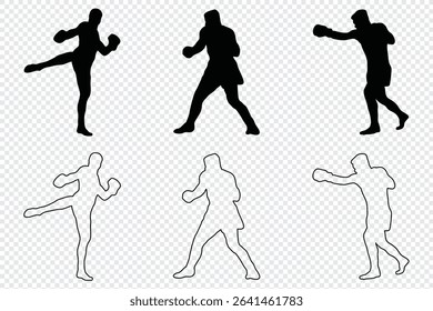 Man doing boxing moves exercise. Jab Cross Hook and Uppercut movement. Shadow boxing. Flat vector illustration isolated on white background
