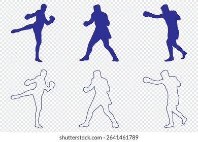Man doing boxing moves exercise. Jab Cross Hook and Uppercut movement. Shadow boxing. Flat vector illustration isolated on white background