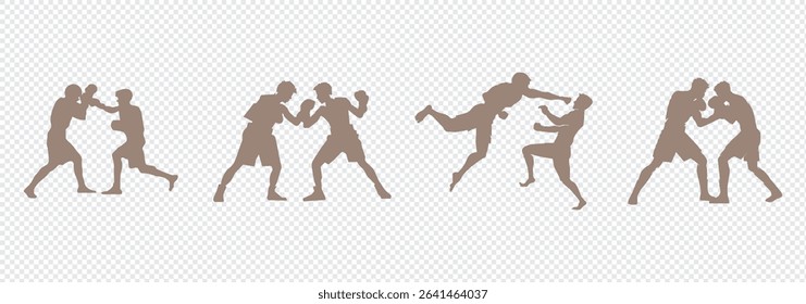 Man doing boxing moves exercise. Jab Cross Hook and Uppercut movement. Shadow boxing. Flat vector illustration isolated on white background.