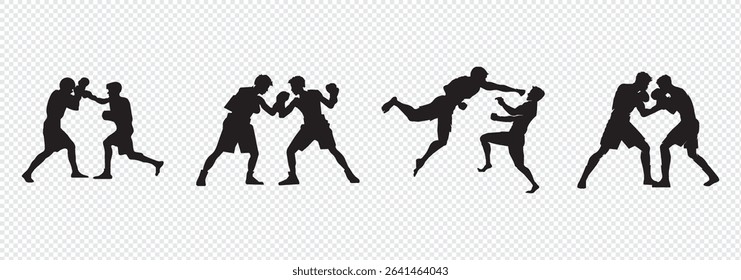 Man doing boxing moves exercise. Jab Cross Hook and Uppercut movement. Shadow boxing. Flat vector illustration isolated on white background.