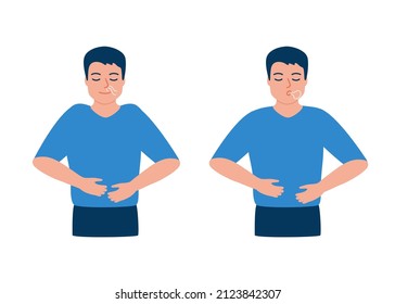 Man is doing breathing exercise, deep breath, exhale and inhale. Breathing exercise. Healthy yoga and relaxation. Vector illustration