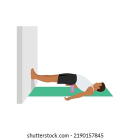 Man doing bridge pose setu bandha sarvangasana to the wall  exercise. Flat vector illustration isolated on white background