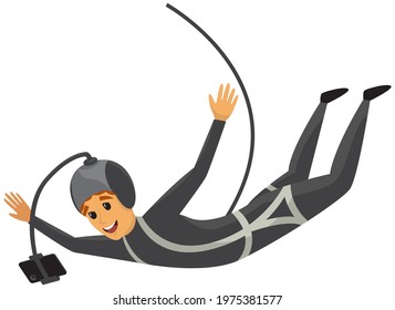 Man Is Doing Bungee Jumping And Making Photo Of Jump. Guy Is Engaged In Extreme Sports. Male Character Taking Selfie On Smartphone While Flying. Person With Camera Attached To His Head Takes Photo