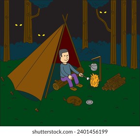 Man doing bush craft with his dog
