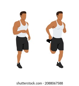 Man doing butt kicks exercise. Flat vector illustration isolated on white background. Workout character set