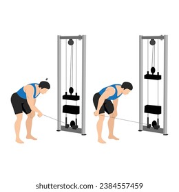 Man doing cable bent over one arm lateral raise exercise. Flat vector illustration isolated on white background