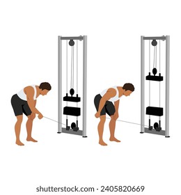 Man doing cable bent over one arm lateral raise exercise. Flat vector illustration isolated on white background