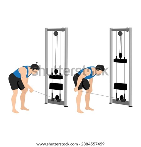 Man doing cable bent over one arm lateral raise exercise. Flat vector illustration isolated on white background