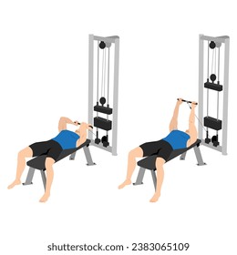 Man doing cable lying tricep extension exercise. Flat vector illustration isolated on white background