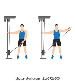 Man doing cable one arm lateral raise exercise. Flat vector illustration isolated on white background