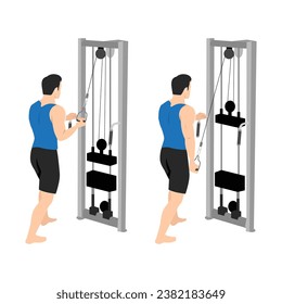 Hombre haciendo el ejercicio de empuje del tricep de un brazo de un cable invertido. Ilustración vectorial plana aislada en fondo blanco