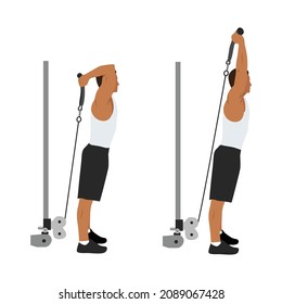 Man doing cable rope overhead triceps extensions flat vector illustration isolated on white background