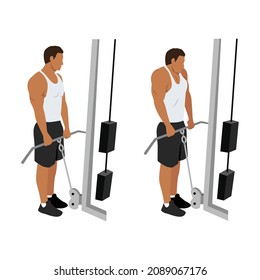 Man doing cable shrugs exercise flat vector illustration isolated on white background