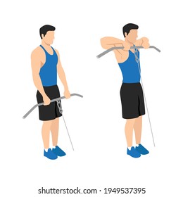 Man doing cable upright rows exercise flat vector illustration isolated on white background