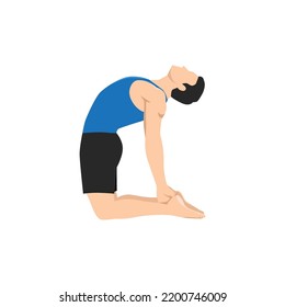 Man doing camel pose or ustrasana exercise. Flat vector illustration isolated on white background
